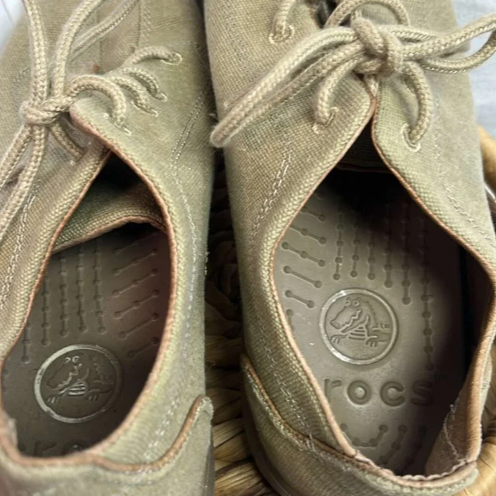 Crocs Men's Khaki‎ Canvas Lace Up Oxfords SZ 9M Office Casual Hipster Comfort